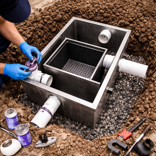 plumber installing a grease trap