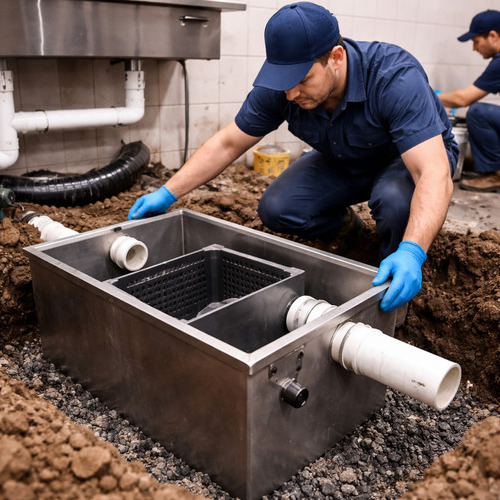 plumber installing a grease trap